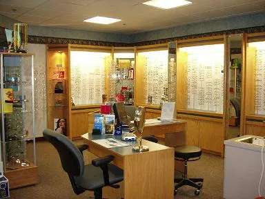 Frames on display in the Pioneer Valley Eye Associates optical shop