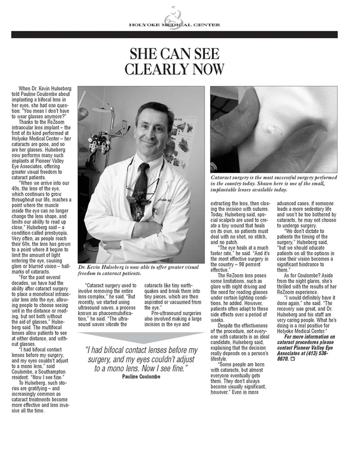 Holyoke Medical Center newspaper article: She Can See Clearly Now, featuring Dr. Kevin Hulseberg